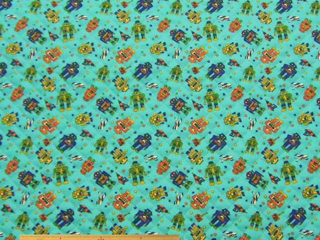 ロボット柄・コットンオックスプリントキルト(ターコイズブルー)