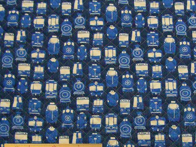 デニム調電車柄・コットンオックスプリントキルト(ネイビー)