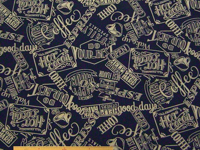 カフェ＆英字柄・ナイロンオックス撥水プリント(ネイビー)