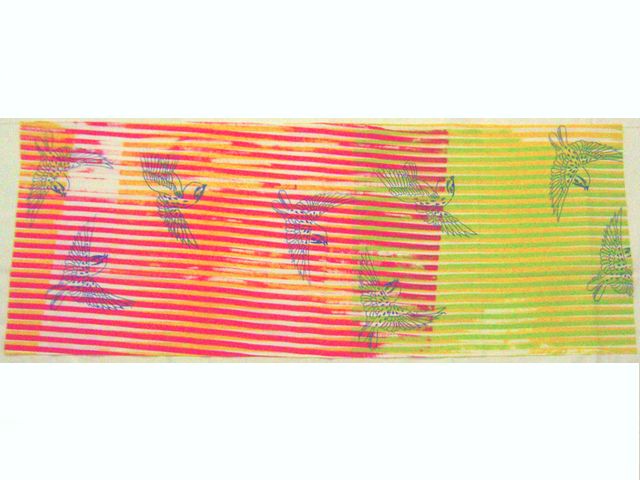 ケイコロールてぬぐい(重ね縞＋雀・赤～黄緑)